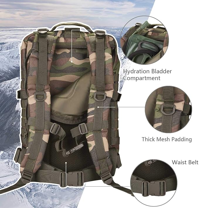 MOLLE Assault Backpack, Tactical Backpack Military Army Camping Rucksack, 3-Day Pack Trip w/Patch, D-Rings, Woodland