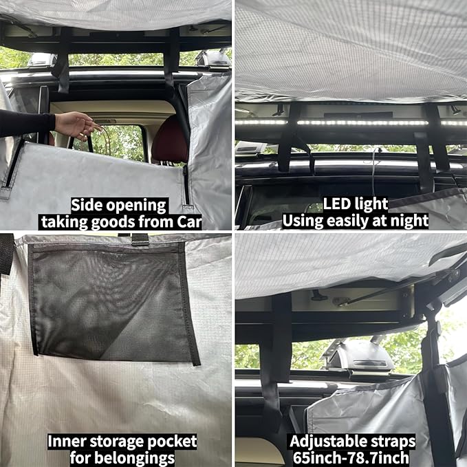 DANCHEL OUTDOOR Car Side Shower Awning with Roof, 3.3x3.3ft Portable Roof Rack Vehicle Shower Privacy Tent Shelter Enclosure Overland Camping Changing Room Bathroom w/LED Light, Gray