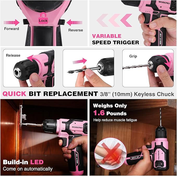 WORKPRO Pink Power Drill Set, 8V Cordless Drill Driver Set with 53pcs Bit Set, 2.0Ah Electric Cordless Drill Kit with 3/8" Keyless Chuck and Variable Speed Trigger, Portable for DIY- Pink Ribbon