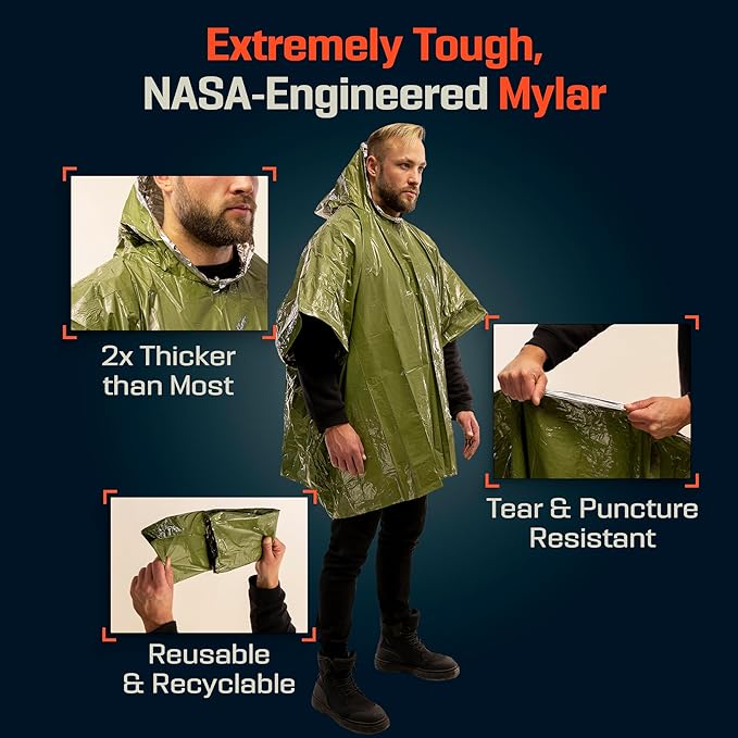 PREPARED4X Emergency Poncho and Mylar Blanket Liner - Waterproof, Wind-Resistant Outdoor Rain Poncho for Camping, Emergencies