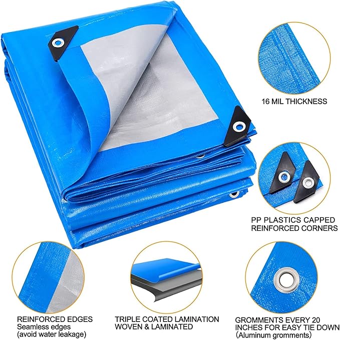 Blue Tarp, Tarps Heavy Duty Waterproof 12x30, Waterproof Plastic Poly 16 Mil Thick Tarpaulin with Metal Grommets Every 19.5 Inches - Emergency Rain Shelter, Outdoor Cover, and Camping Use