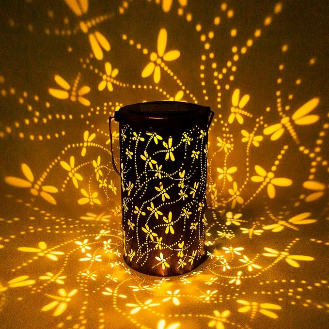 YISITEONE 4-Pack Solar Outdoor Hanging Lanterns, Waterproof Garden Table LED Lights, Metal Decorations for Patio Yard Lawn Front Porch, Gardening Gifts for Women Mom Grandma (2 Bohemian & 2 Dragonfly)