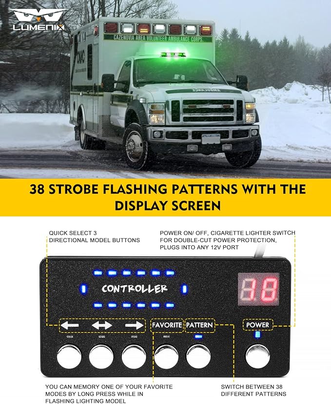 LUMENIX 42 LED Roof Top Strobe Beacon Light Bar Hazard Warning Emergency Flashing Plow Lights with Controller for Construction Vehicles Tow Trucks Snowplow Postal Cars White Green (Patent Design)