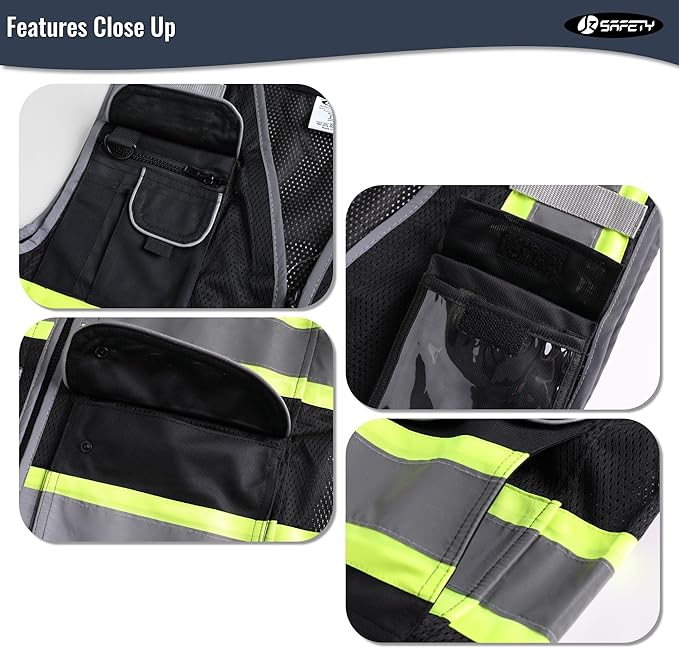 JKSafety 11 Pockets Hi-Vis Black Mesh Safety Vest for Men Women High Visibility Reflective Construction with Zipper Work Utility PPE Work Gear ANSI/ISEA compliant (102-Black 5XL)