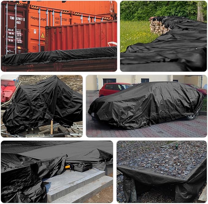 Tarp Heay Duty Waterproof 8x16ft,Black Tarp Cover Plastic Poly Tarpaulin for Outdoor Cover,Emergency Rain,Roof, Pool, Boat,Camping - Multipurpose with 12Mil Thickness