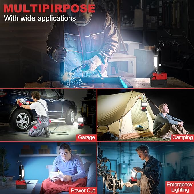 60W 6000LM Cordless Work Light Compatible with Milwaukee 18V Battery (Battery Not Included), Portable LED Flashlgiht Flood Light with USB &Type C Charging for Job Site, Emergency, Camping