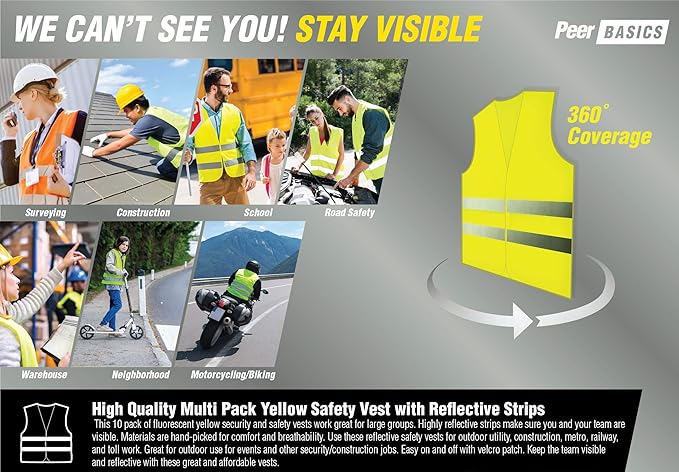 PeerBasics Safety Vests 12 Pack - Orange Reflective High Visibility, Hi Vis Silver Strip, Men Women, Work, Cycling, Runner, Surveyor, Volunteer, Crossing Guard, Road, Construction, Neon
