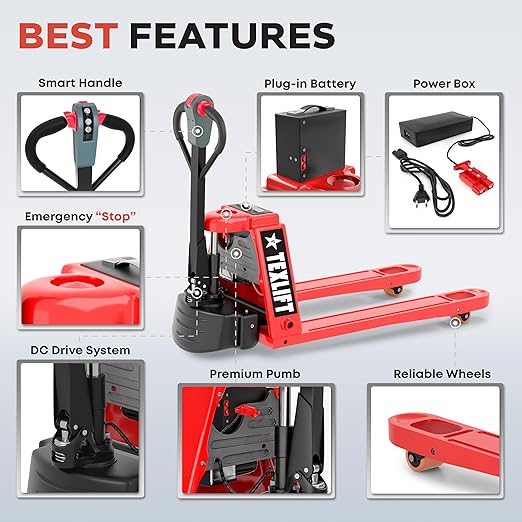 Full Electric Forklift Walkie Pallet Stacker 3300 Lb Capacity 98 Inch Lifting Height and Full Electric Power Pallet Jack 4400 Lb Capacity 48” L x 27” W Fork Size