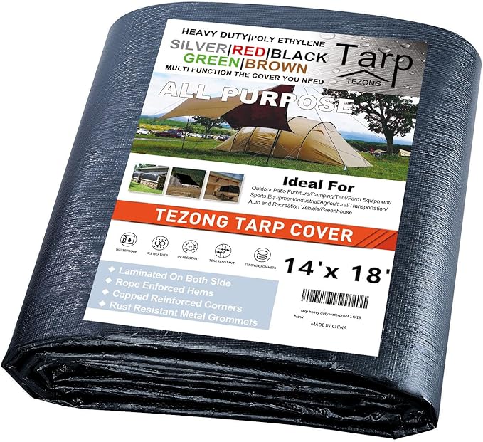 Tarps Heavy Duty Waterproof 14x18ft,TEZONG Black Tarp 16Mil Plastic Tarpaulin Outdoor Tarp Cover for Emergency Rain,Patio Furniture,Wood,Roof,Camping,Car,Pool