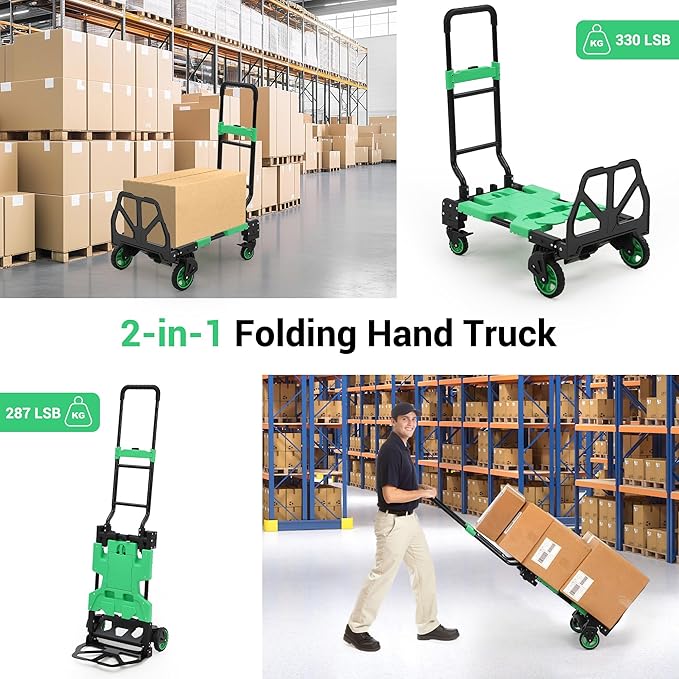 Folding Hand Truck, 330 LB Heavy Duty Dolly Cart with Foldable Basket, Foldable Hand Truck with Bungee Rope, Rubber Wheels and Retractable Handle for Luggage, Travel, Moving, Office, Green