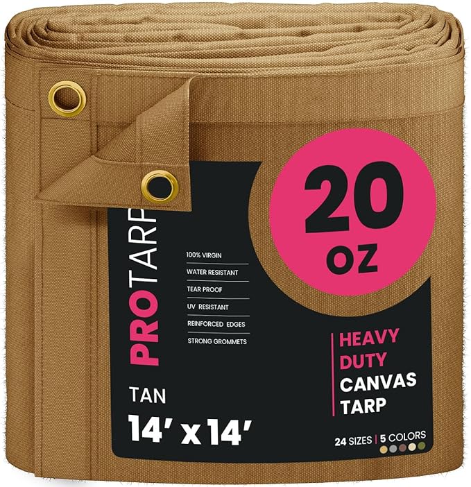 PROTARP Extreme Heavy Duty 20 OZ Water Resistant Canvas Tarp, UV Resistant Tarpaulin Cover with Rustproof Brass Grommets, Multipurpose for Canopy, Roof, Camping, Woodpile (Tan 14'X14')