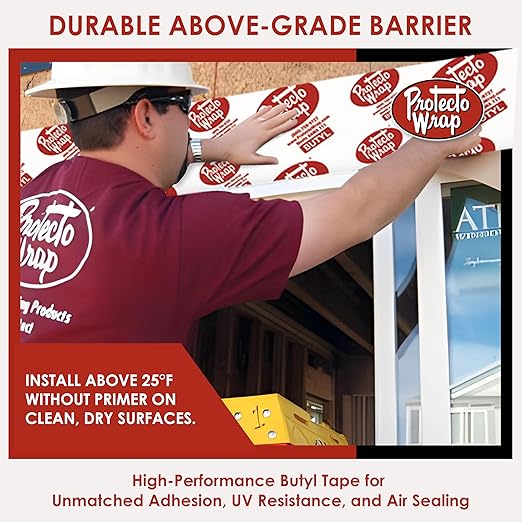 Protecto Wrap BT20XL Butyl Window Flashing Tape 6" x 50' – Professional Grade All Weather Waterproof Door & Sill Pan Sealing Tape | Self-Adhered Butyl Flashing for Windows & Sheathing Joints