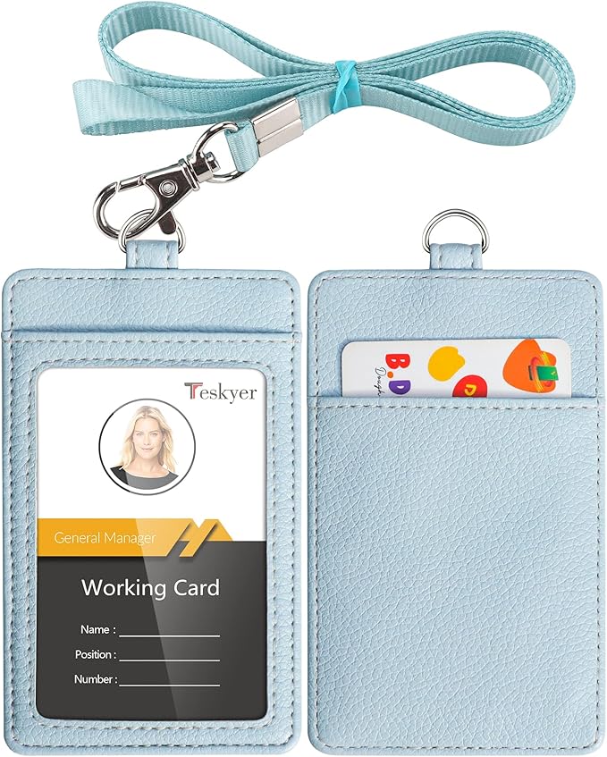 Teskyer Badge Holder with Lanyard, Leather ID Name Badge Card Holder with Lanyard for ID Badges, Vertical, Lychee Pattern Cyan