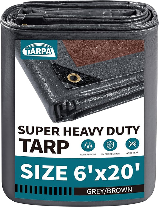 TARPAL tarp 6x20 Feet Super Heavy Duty Tarps Cover 20mil Waterproof UV Protection Rip and Tear Proof Tarpaulin with Grommets(Grey/Brown)
