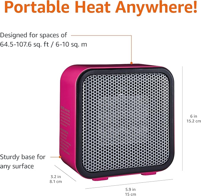 Amazon Basics Ceramic Space Heater, Mini Heater for Office Desk, Portable Tent Heater (Indoor Use), 500 W, With Tip-Over Protection, Lightweight (1.4 LBS), Pink, 5.9 x 3.2 x 6 inches