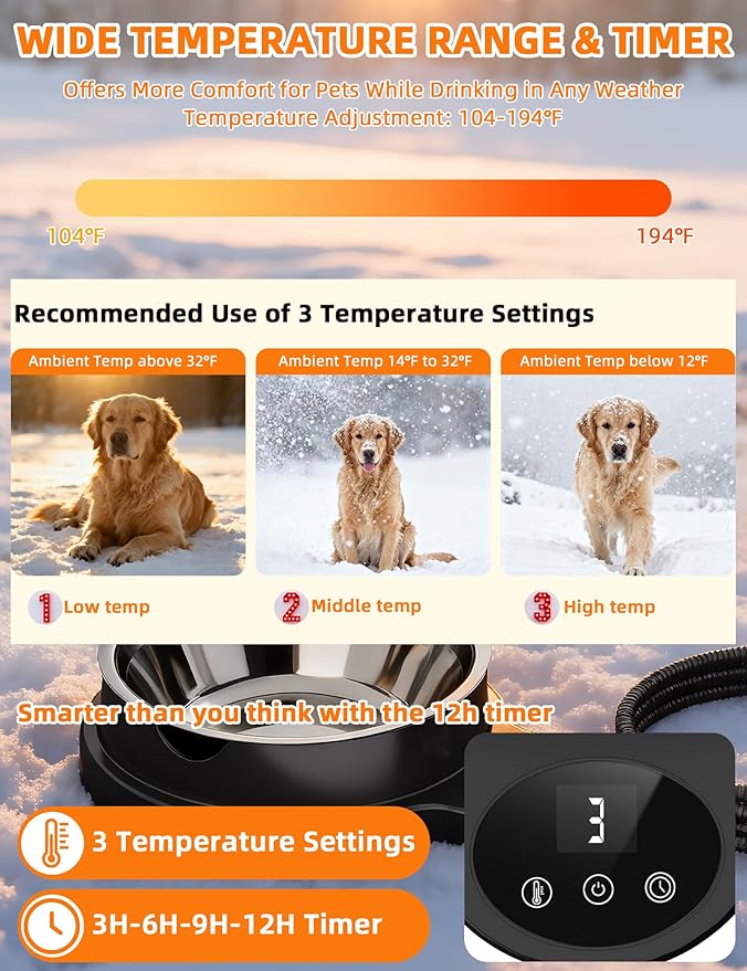 Heated Water Bowl for Dogs & Cats, 100W Heated Pet Bowl Outdoor with 3 Temperature Settings, 12H Timer, BPA-Free&50OZ Removable Stainless Steel Bowl, Anti-Chew Cord for Chickens, Ducks, Birds, Animal