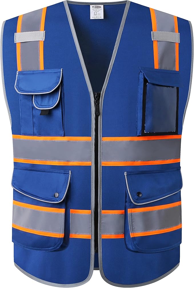 JKSafety 9 Pockets High Visibility Zipper Front Safety Vest | Blue with Dual Tone High Reflective Strips | Meets ANSI/ISEA Standards (901-Blue, Medium)