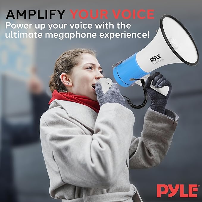 Pyle 50W Megaphone Bullhorn - Portable, Automatic Siren & Adjustable Volume, Projection Range Up to 1200 Square Yards, Aux Input, Talk, Siren, Music, Whistle, & Record, Shoulder Strap (Black)