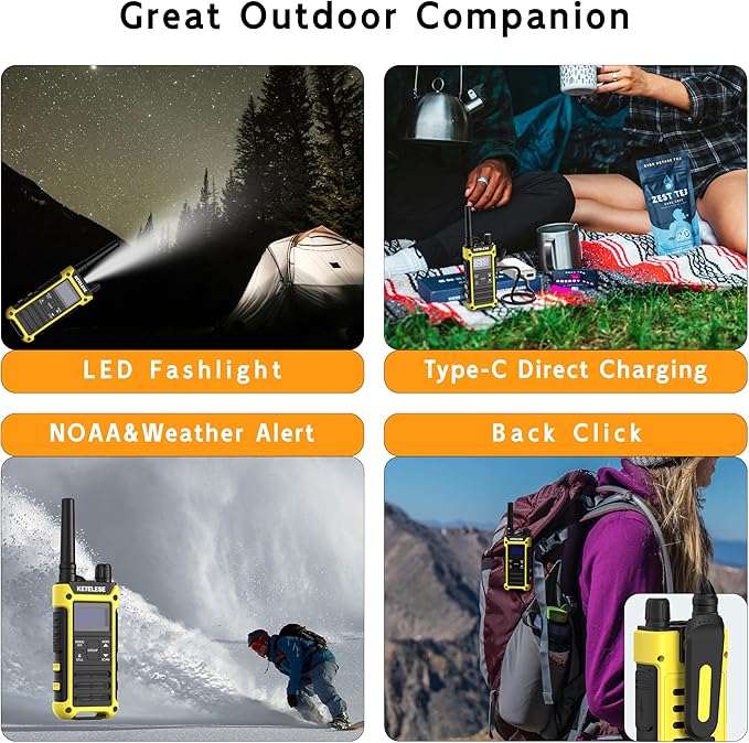KETELESE T3F IP67 Waterproof Walkie Talkies, FRS Two Way Radio with Earpiece, Triple Proof, Three Charging Options, USB/Type C Radio, NOAA, VOX (2 Pack), Black/Yellow