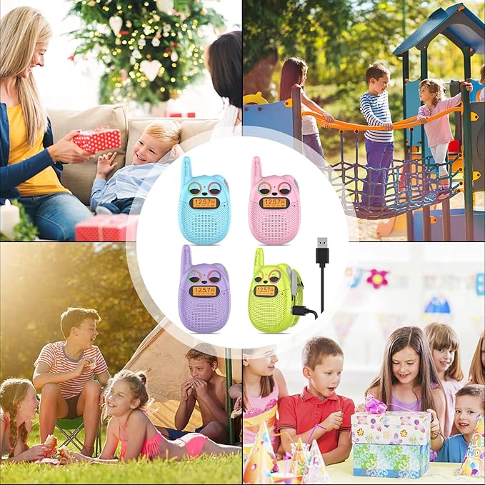 QNIGLO Kids Walkie Talkies 4 Pack, Rechargeable Walkie Talkies for Boys & Girls Ages 3-12, Long Range Two Way Radios with Lanyard and Wrist Strap, Perfect for Camping, Hiking & Outdoor Adventures