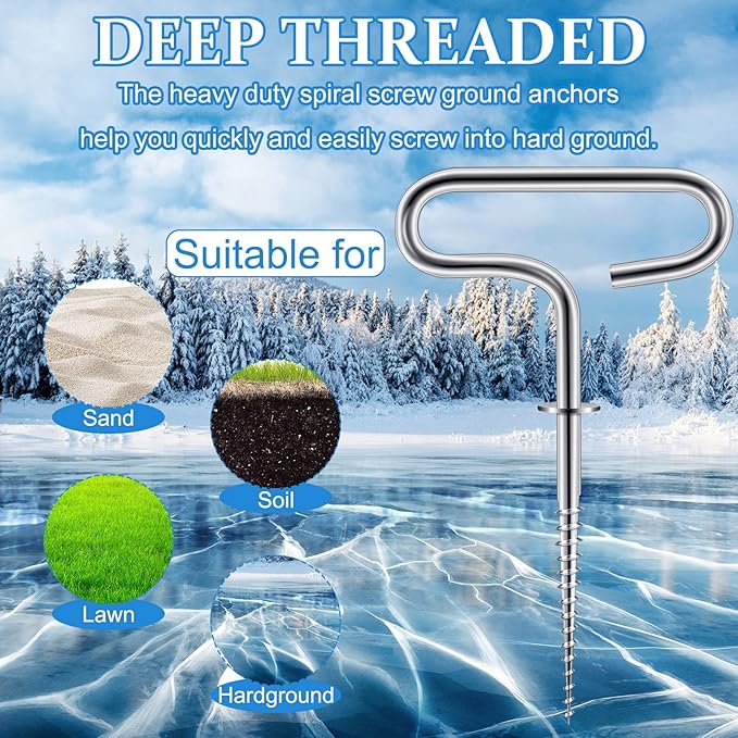 Oudain 7 Pcs Steel Ice Anchor Kit Threaded Ice Fishing Shelter Anchors for Winter Outdoor Camping Shanty Tent