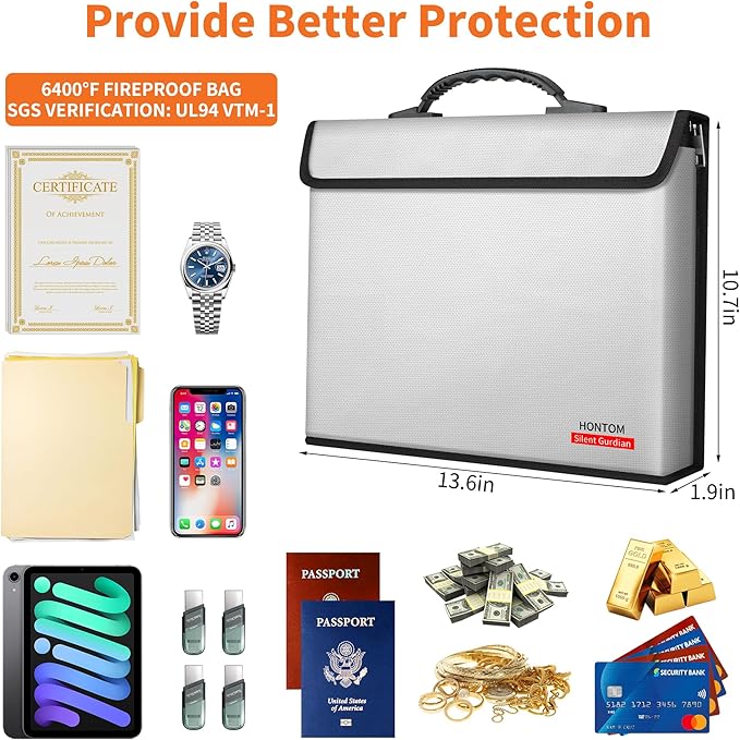 Hontom Fireproof Document Bag with 2 Pockets, 6400℉ Upgraded Material Fireproof Money Bag with Lid, Travel Home Fire Safe Storage Cash Pouch for Important Documents, Silver