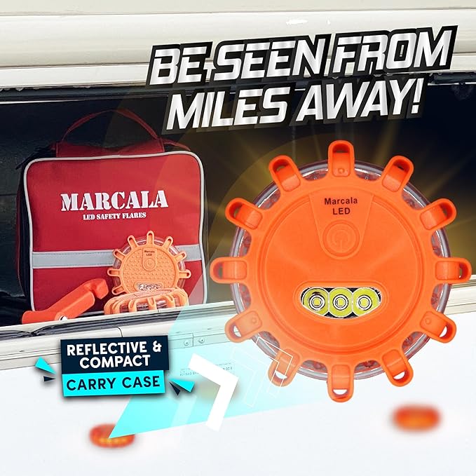 MARCALA Emergency Flares for Cars 12-Pack | Roadside Emergency Car Kit with Flares | Roadside Safety Discs | LED Safety Flare Emergency Lights | Complete Safety Disc Kit | Seen from a Mile Away