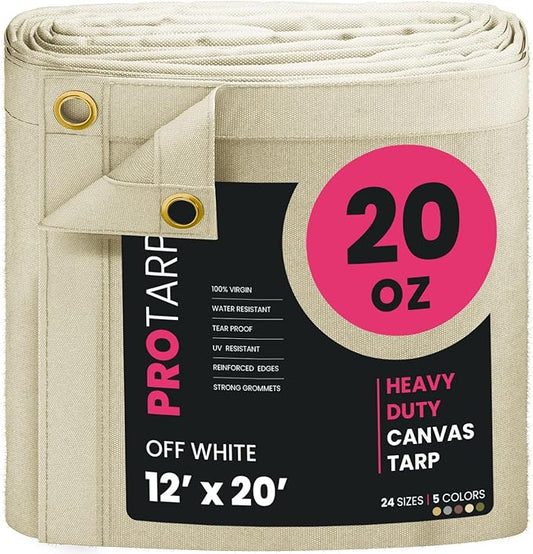 PROTARP Extreme Heavy Duty 20 OZ Water Resistant Canvas Tarp, UV Resistant Tarpaulin Cover with Rustproof Brass Grommets, Multipurpose for Canopy, Roof, Camping, Woodpile (Off White 12'X20')