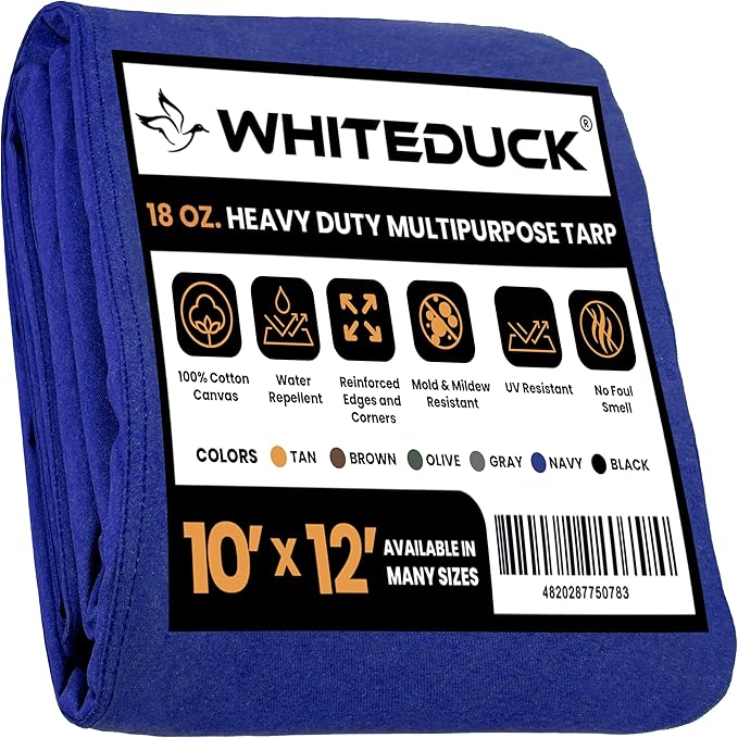WHITEDUCK 10'x12' Canvas Tarp 18 oz/37 Mil Heavy Duty Waterproof UV Resistant, Rustproof Grommets, Industrial & Commercial Use Cloth Tarp (Finished Size: 9'6"x11'6", Blue)