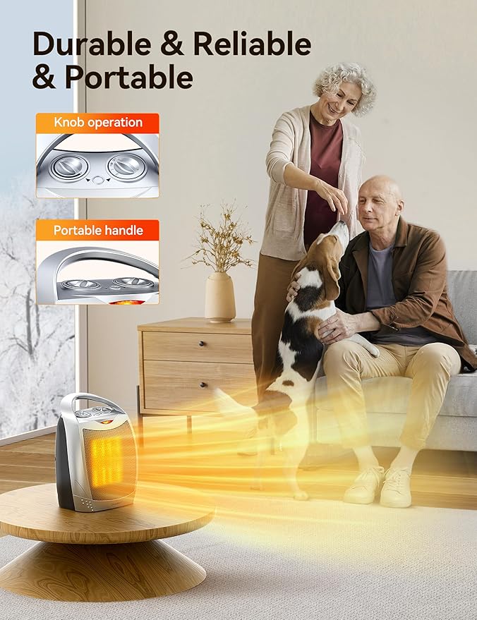 GiveBest Portable Electric Space Heater with Thermostat, 1500W/750W Safe and Quiet Ceramic Heater Fan, Heat Up 200 Square Feet for Office Room Desk Indoor Use, Silver