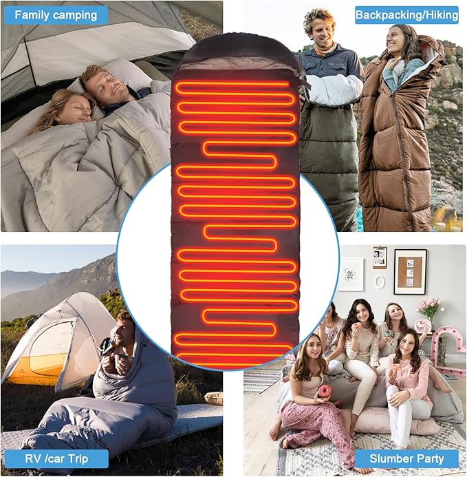 Heated Sleeping Bag for Adults, Electric Warm Bag with 3 Adjustable Heating Levels, USB Powered Heating Pads Adjustable Hood, 0 Degree Sleeping Bag Keep Warm for Cold Weather Camping Outdoor Hiking