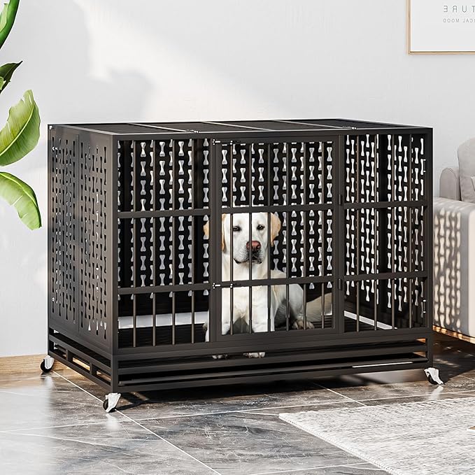LEMBERI 48/42 inch Indestructible Heavy Duty Dog Crate with Cushion, High Anxiety Extra Large Dog Cage for Large Dogs, XL Steel Escape Proof Dog Kennel with Locking Wheels