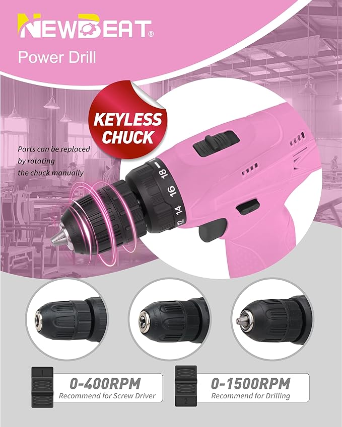 Cordless Drill Set, 12V Power Drill Driver with 2 Battery and Charger, Pink Electric Drill Power Tool for Women
