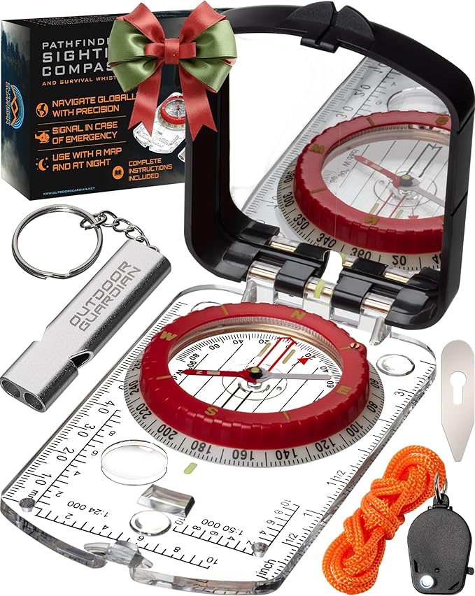 Pathfinder Sighting Compass - Precise Navigation, Hiking and Orienteering Mirror Compass with Luminous Bezel, Adjustable Declination, Clinometer, LED and Survival Whistle, Scout Gifts
