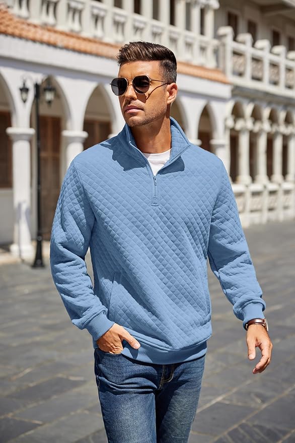 COOFANDY Mens Quarter Zip Pullover Quilted Sweatshirt Knit Long Sleeve Mock Neck Sweater Polo with Pocket
