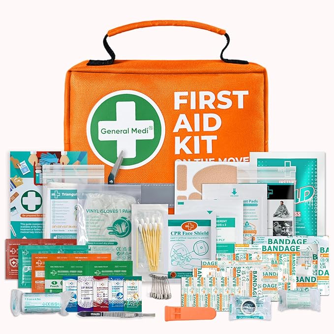 General Medi First Aid Kit - 150 Pieces Small Compact First Aid Kit Bag - Includes Instant Cold Pack, Emergency Blanket for Travel, Home, Office, Vehicle, Camping（Orange）