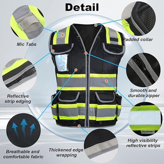 HYCOPROT Reflective Safety Vest Class 2 High Visibility Heavy Duty Construction Vest with Padded Neck,Meet ANSI/ISEA Standard