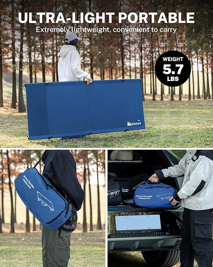 Gonex 31.5" Extra Wide Camping Cot with Premium Pillow Pocket Supports 350lbs, Portable Ultralight Folding Cot Bed for Adults Travel, Beach, Home, Sleeping (Blue)