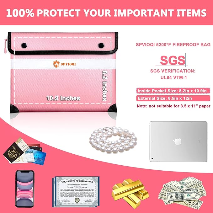 Upgraded Fireproof Document Bag 5200°F - with Heat Insulated, Fireproof Bags with Zipper/Reflective Strip, 9 Layers of Functional Materials, Fire proof Money Bag for Cash/Documents, Water Resistant