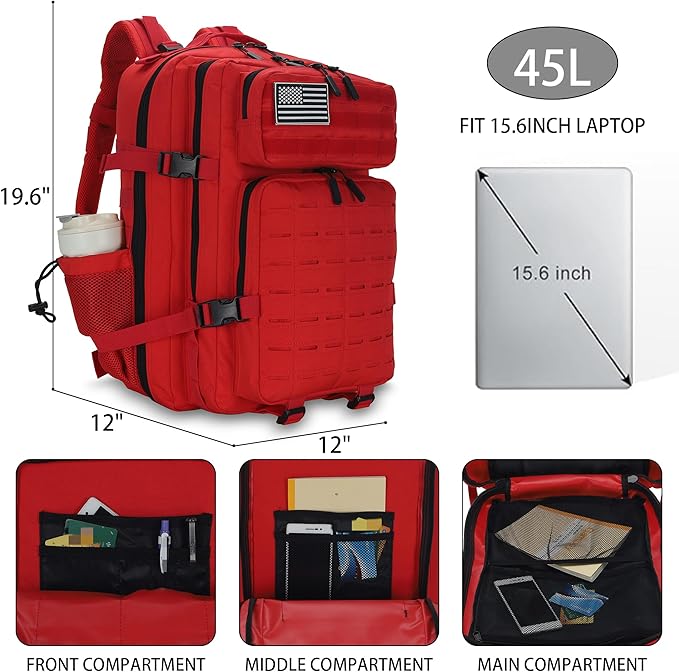 Sparklekle Military Tactical Backpack 45L 3 Day Assault Pack Waterproof Molle Hiking Rucksack for Men&Women (Red)