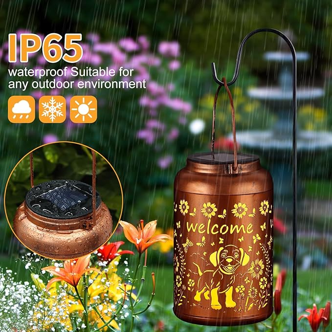 Solar Lantern Outdoor Hanging Waterproof Outside Metal Openwork Hummingbird Pattern Birthday Gifts for Women Mom Landscape Lights for Porch Garden Yard Patio Pathway Decor(Dogs)