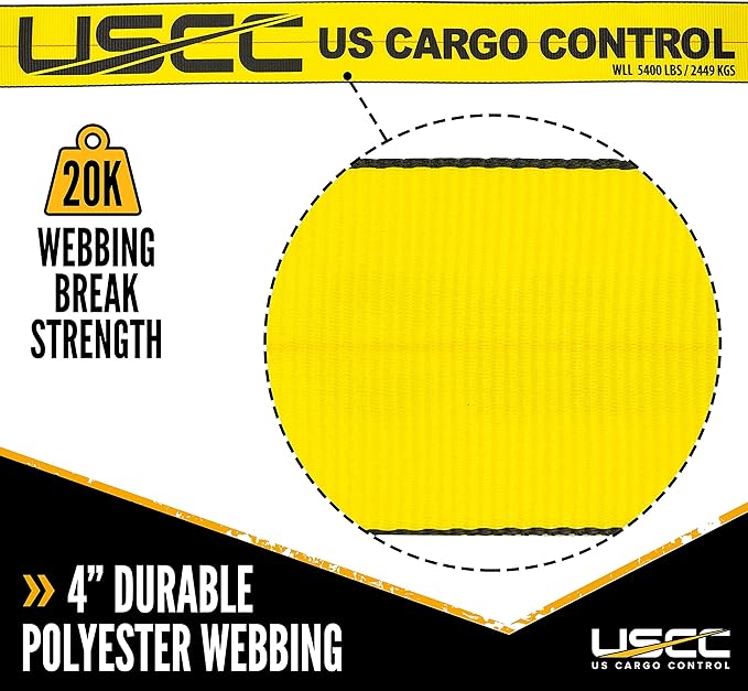 US Cargo Control 4 Inch Winch Strap with D-Ring Fitting, 27 Feet Long, Heavy Duty Trailer Winch Strap for Safe Cargo Securement, Zinc-Coated D-Ring for Easy Attachment, Yellow, 2-Pack