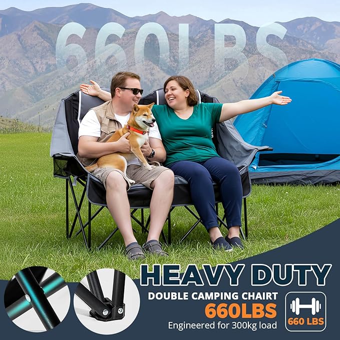 Oversized Double Camping Chair - 2 Person Portable Folding Outdoor Loveseat Heavy Duty Lawn Chairs for Adults with Padded Cushion & Dual Cup Holders, Supports 660LBS for Camping，Sports，Picnic
