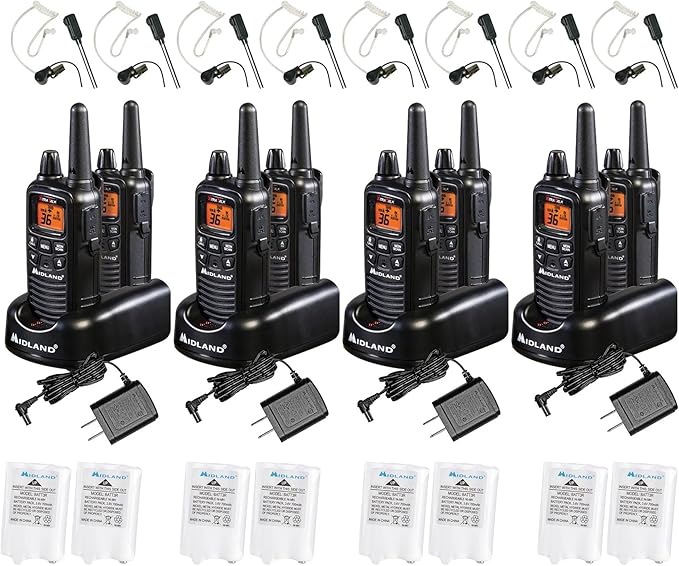 Midland LXT600BBX4 FRS Business Walkie Talkies - Long Range 36-Channel Two-Way Radios with Headsets and Charging Base, NOAA Weather Alerts (8-Pack, Black)