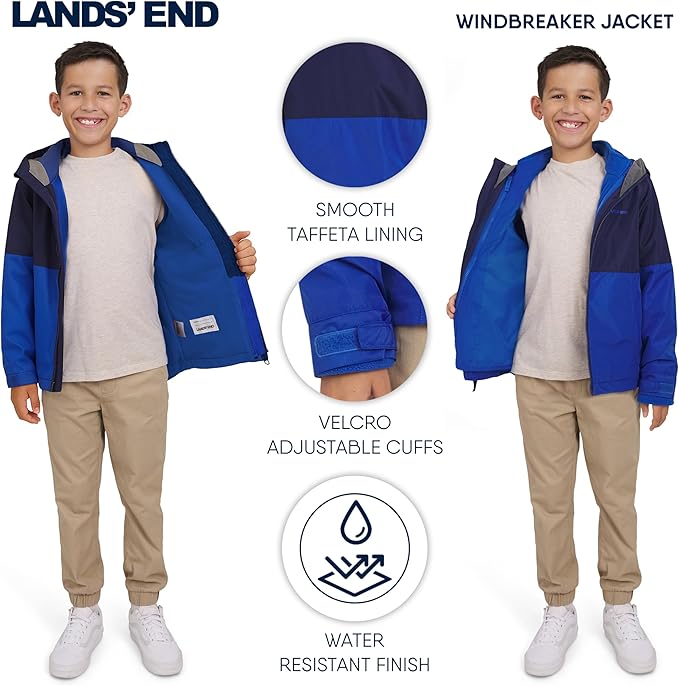 Lands' End Unisex Kids 3-in-1 Water Resistant Windbreaker and Zip-out Polar Fleece Jacket