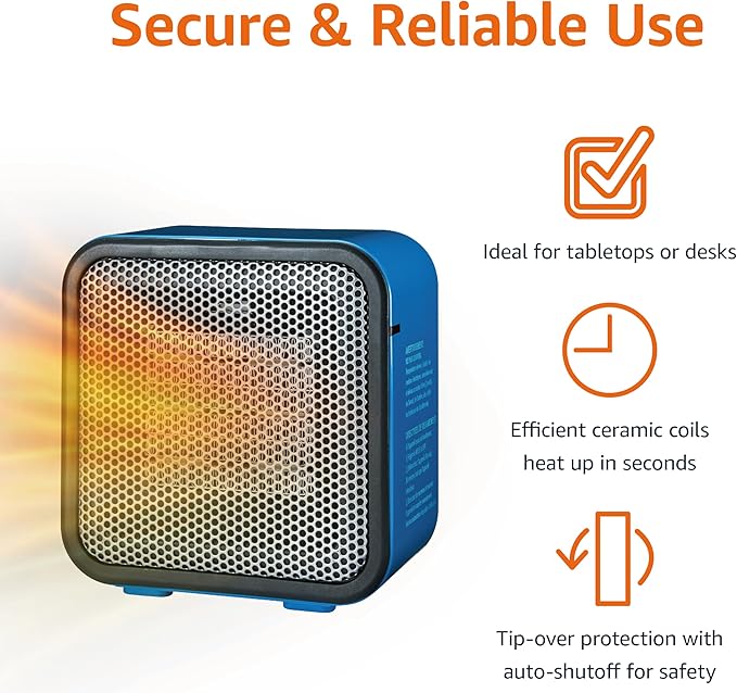 Amazon Basics Ceramic Space Heater, Mini Heater for Office Desk, Portable Tent Heater (Indoor Use), 500 W, With Tip-Over Protection, Lightweight (1.4 LBS), Blue, 5.9 x 3.2 x 6 inches