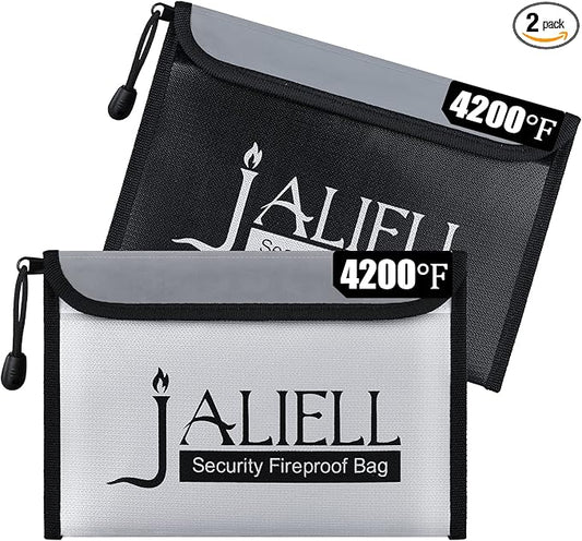 2 Pack Fireproof Money Bag (9.5x6.5''), Non-itchy Waterproof Fireproof Bag with Zipper, Small Fire Proof Money Bag for Cash, Valuables, Passport, Currency & Keys (Black & Grey)
