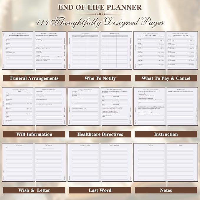 Lanpn End of Life Planner Death Organizer with Tabs, Final Wishes & Financial Estate Planning Journal, When I Die Journal for Senior, Before Death Life and Care Plan Book, Brown, Leather Hardcover