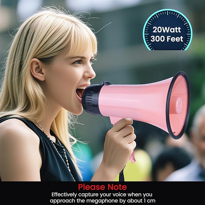 MyMealivos Portable Megaphone Bullhorn 20 Watt Power Megaphone Speaker Voice and Siren/Alarm Modes with Volume Control and Strap (Pink)