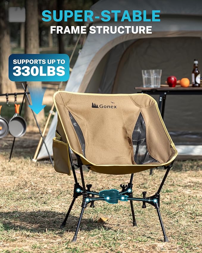 Gonex Portable Camping Chair, The 5th Gen Ultralight Compact Backpacking Foldable Lightweight Folding Chair for Outdoor Camp Hiking Beach Picnic Concert, Supports 330lbs (Khaki, 1 PCS)